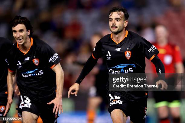 Nikola Mileusnic of the Roar celebrates scoring a goal during the round eight A-League Men's match between Newcastle Jets and Brisbane Roar at...