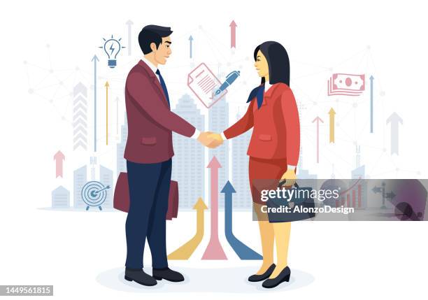 successful partnership. asian people. - japanese greeting stock illustrations