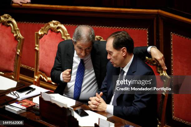 Italian Minister for Civil Protection and Sea Policies Nello Musumeci and Italian Senator Luca Ciriani during the communications of the President of...