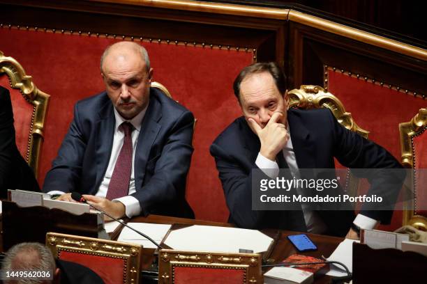 Italian Minister of Health Orazio Schillaci and Italian Senator Luca Ciriani during the communications of the President of the Council of Ministers...