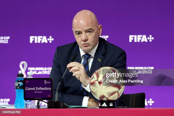 President Gianni Infantino speaks to media during the Press Conference ahead of the Third Place and Final matches of FIFA World Cup Qatar 2022 at the...