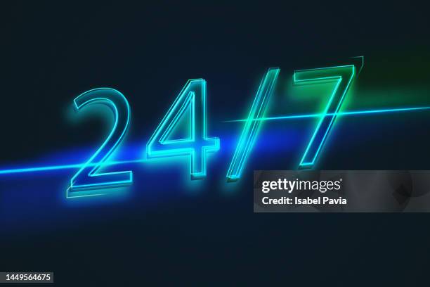 "24/7" sign in neon lights - good vibes font stock pictures, royalty-free photos & images
