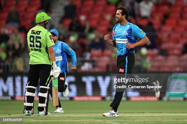 Wes Agar of the Strikers celebrates dismissing Daniel Sams of the Thunder during the Men's Big Bash League match between the Sydney Thunder and the...