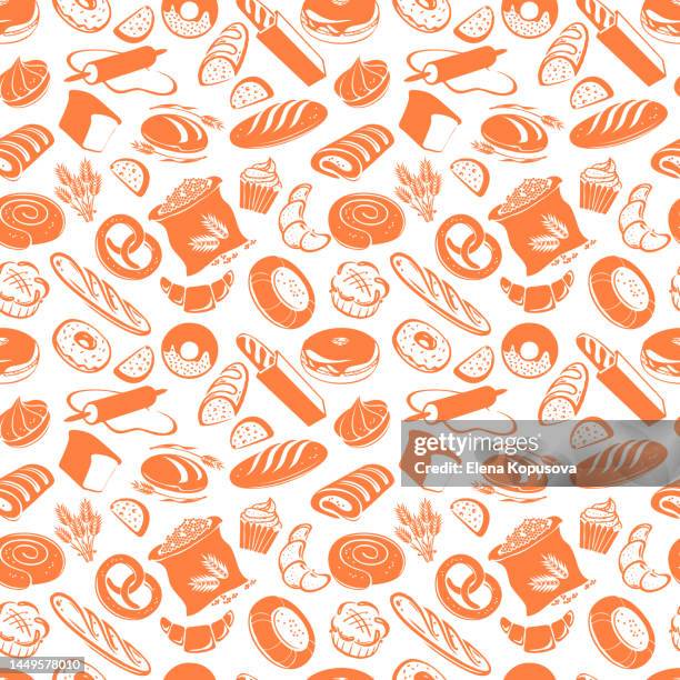 ilustraciones, imágenes clip art, dibujos animados e iconos de stock de hornear un patrón sin costuras en estilo plano. hermosos postres decorativos y pasteles de masa sobre un fondo blanco aislado. - fabricación de galletas