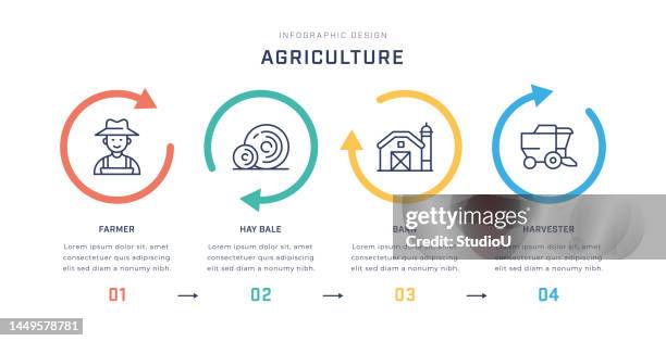 landwirtschaft mehrfarbige infografik-vorlage mit liniensymbolen - harrow agricultural equipment stock-grafiken, -clipart, -cartoons und -symbole