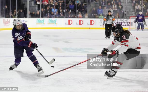 Amanda Kessel of Team United States shoots against Jocelyne Larocque of Team Canada in the third period of a Rivalry Series game at The Dollar Loan...