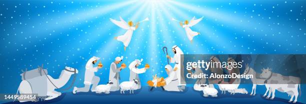 o holy night!  nativity scene. the birth of christ.  christmas night. three wise men. shepherd. - white jesus stock illustrations