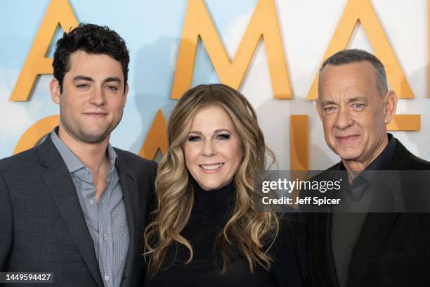 Truman Hanks, Rita Wilson and Tom Hanks attend the "A Man Called Otto" photocall at Corinthia Hotel London on December 16, 2022 in London, England.