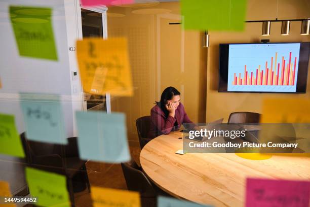 tired young businesswoman working late on an office presentation - sticky-notes-covering-computer-monitor stock pictures, royalty-free photos & images