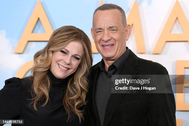 Rita Wilson and Tom Hanks attend the "A Man Called Otto" VIP access photocall at the Corinthia hotel on December 16, 2022 in London, England.