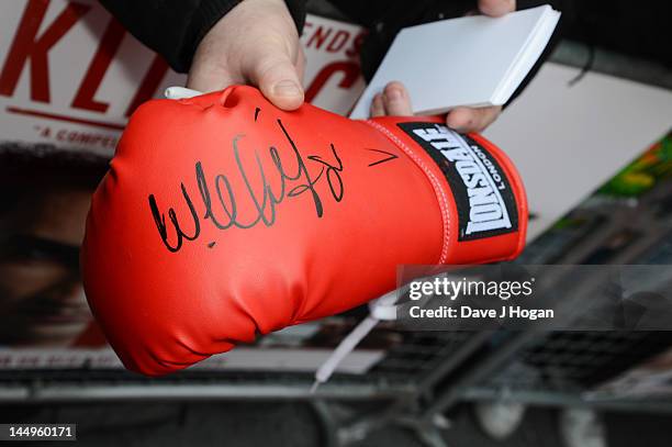 Klitschko brothers signature on a boxing glove at the UK premiere of Klitschko at The Empire Leicester Square on May 21, 2012 in London, England.