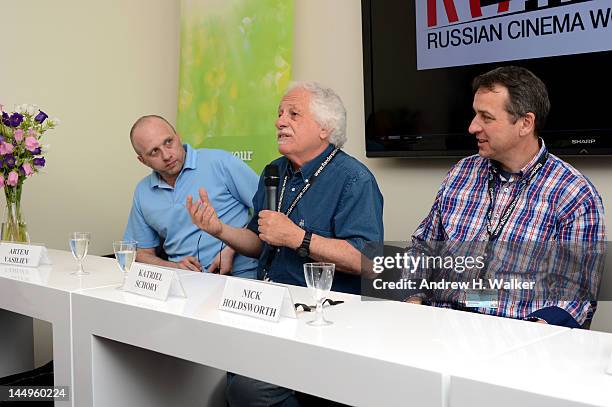 Artem Vasiliev, Katriel Schory and Nick Holdsworth attend the Russian Film Panel during the 65th Annual Cannes Film Festival at the Russian Pavillion...