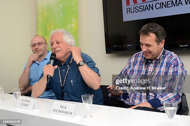Artem Vasiliev, Katriel Schory and Nick Holdsworth attend the Russian Film Panel during the 65th Annual Cannes Film Festival at the Russian Pavillion...