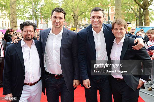 Sebastian Dehnhardt, Wladimir Klitschko, Vitali Klitschko and Leopold Hoesch attend the UK premiere of Klitschko at The Empire Leicester Square on...
