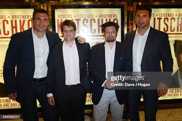 Wladimir Klitschko, Leopold Hoesch, Sebastian Dehnhardt and Vitali Klitschko attend the UK premiere of Klitschko at The Empire Leicester Square on...