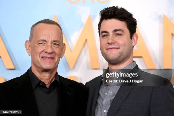 Truman Hanks and Tom Hanks attend the "A Man Called Otto" VIP access photocall at the Corinthia hotel on December 16, 2022 in London, England.