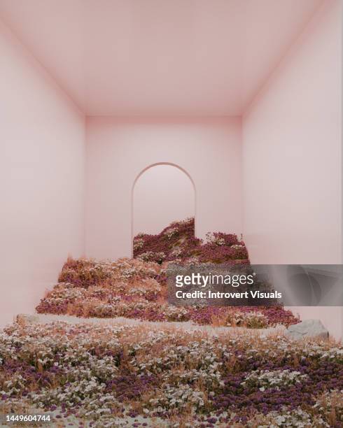 3d adverisement background pink room with lots of flowers - art gallery interior stockfoto's en -beelden