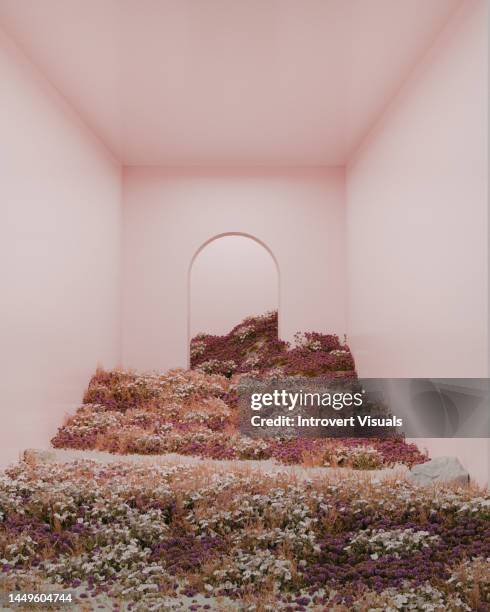 3d adverisement background pink room with lots of flowers - modern art gallery stock pictures, royalty-free photos & images