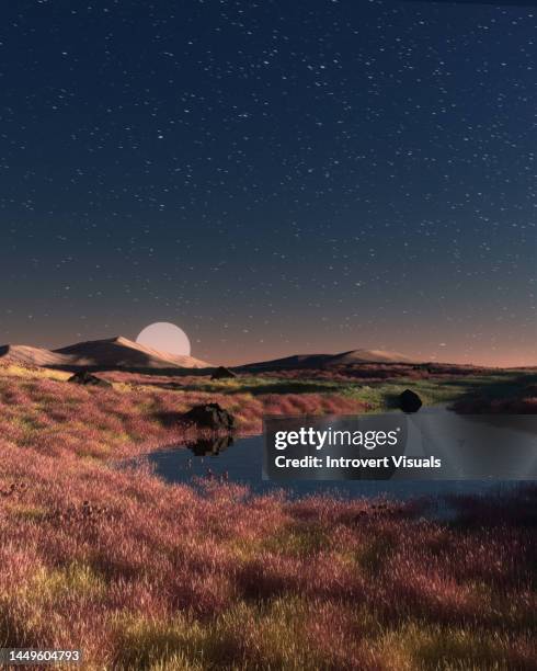 surreal 3d landscape with meadow and water evening twilight sunser view - surreal stock-fotos und bilder