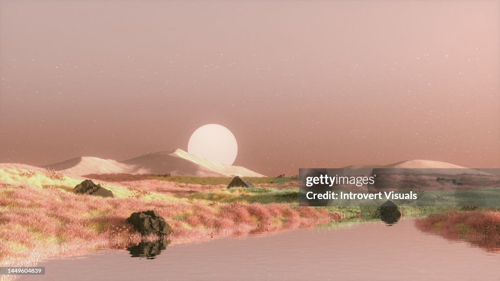 Surreal 3D landscape in pink colors meadow with grass and water
