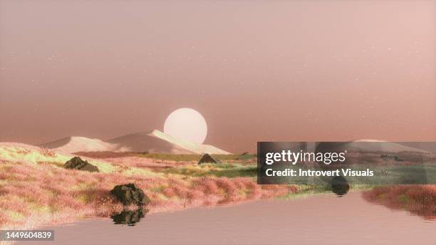 surreal 3d landscape in pink colors meadow with grass and water - surreal stock pictures, royalty-free photos & images
