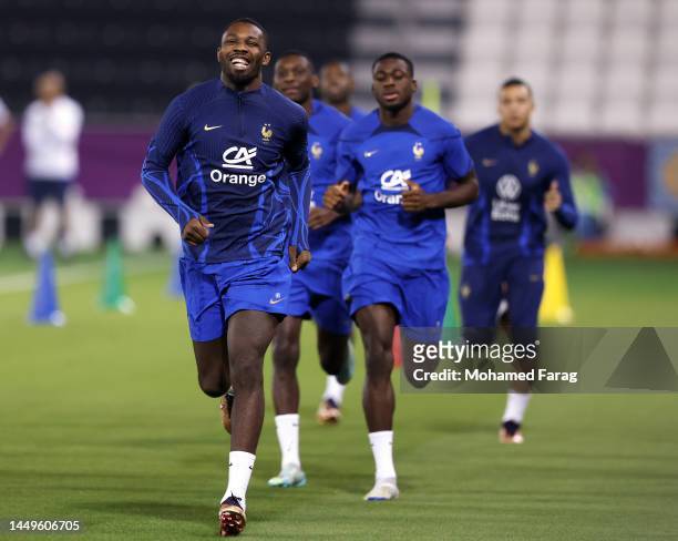 Marcus Thuram of France reacts during the Training Session at Al Sadd SC on December 16, 2022 in Doha, Qatar.