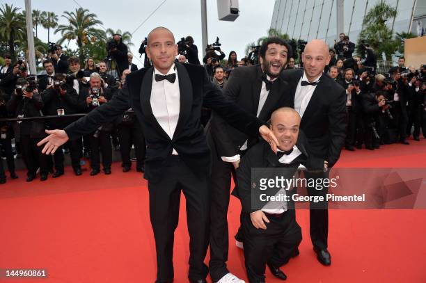 The cast of the movie "Les Kaira" Franck Gastambide, Ramzy Bediai, Jib Pocthier and Mehdi Sadoun dance on the red carpet before for the screening of...