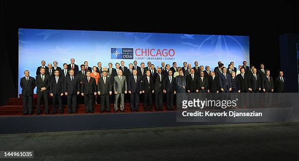 World leaders pose for the family photo after meeting on Afghanistan during the NATO Summit at McCormick Place on May 21, 2012 in Chicago, Illinois....