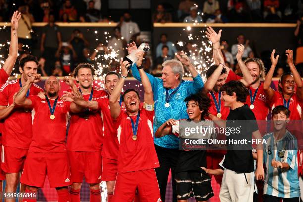 Javier Zanetti of South American Panthers lifts the trophy following victory in the final during day 2 of the FIFA Legends Cup at Khalifa...
