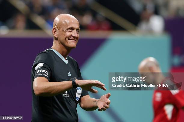 Referee Pierluigi Collina looks on during day 2 of the FIFA Legends Cup at Khalifa International Tennis and Squash Complex on December 16, 2022 in...