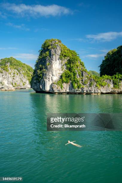 blonde woman enjoying the breathtaking lan ha & ha long bay accessed via the tropical paradise of cat ba island, vietnam in southeast asia - south pacific ocean bildbanksfoton och bilder