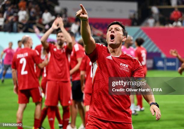 Javier Zanetti of South American Panthers celebrates following day 2 of the FIFA Legends Cup at Khalifa International Tennis and Squash Complex on...