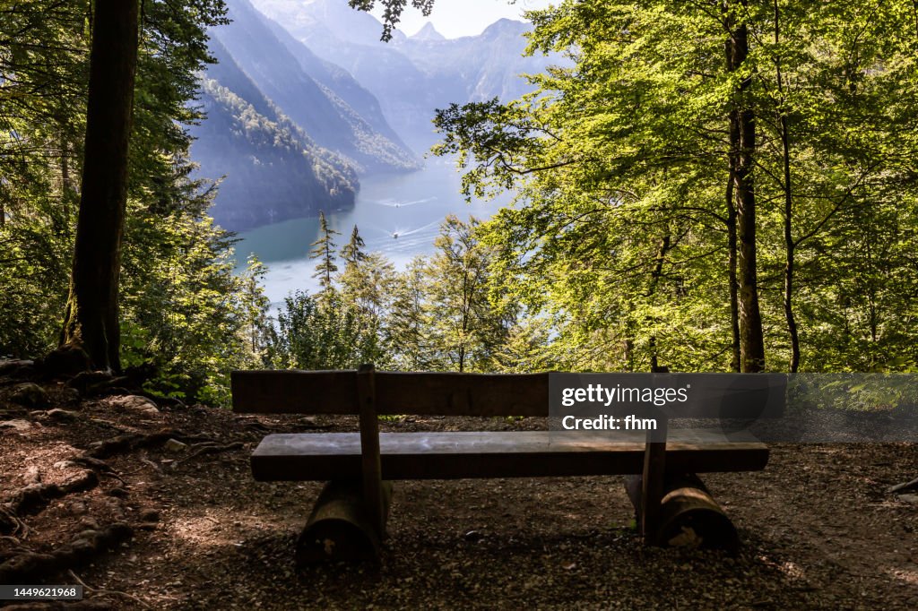 Bench at the viewpoint to the Königssee (Berchtesgadener Land, Bavaria, Germany)
