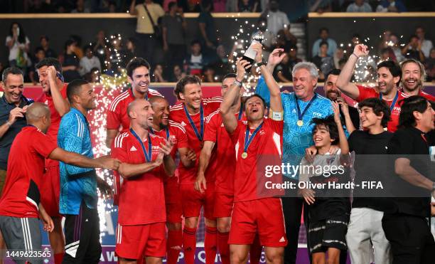 Javier Zanetti of South American Panthers lifts the trophy following victory in the final during day 2 of the FIFA Legends Cup at Khalifa...