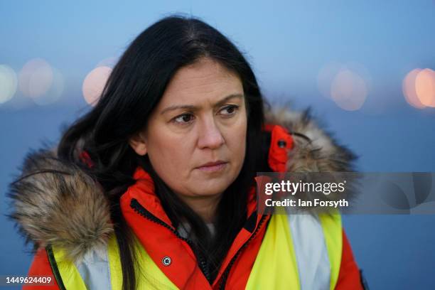 Shadow Levelling Up Secretary Lisa Nandy takes a boat trip along the River Tees during a visit to PD Ports on December 16, 2022 in Redcar, England....