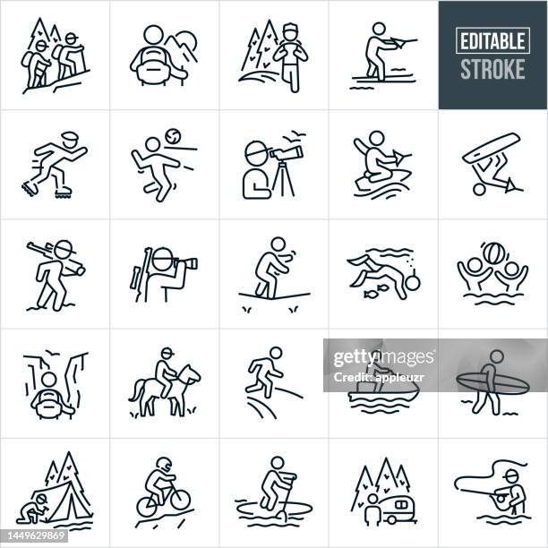 illustrations, cliparts, dessins animés et icônes de loisirs de plein air icônes de lignes minces - trait modifiable - les icônes incluent loisirs de plein air, plein air, aventure estivale, sports de plein air, activités de plein air, randonnée, randonnée, montagne, ski nautique, patin à roues aligné - monter à cheval