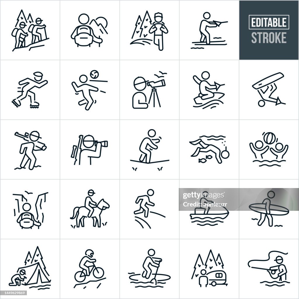 Outdoor Recreation Thin Line Icons - Editable Stroke - The Icons Include Outdoor Recreation, Outdoors, Summer Adventure, Outdoor Sports, Outdoor Activities, Hiking, Backpacking, Mountains, Water Skiing, In-Line Skating, Volleyball, Birdwatching, Wakeboard