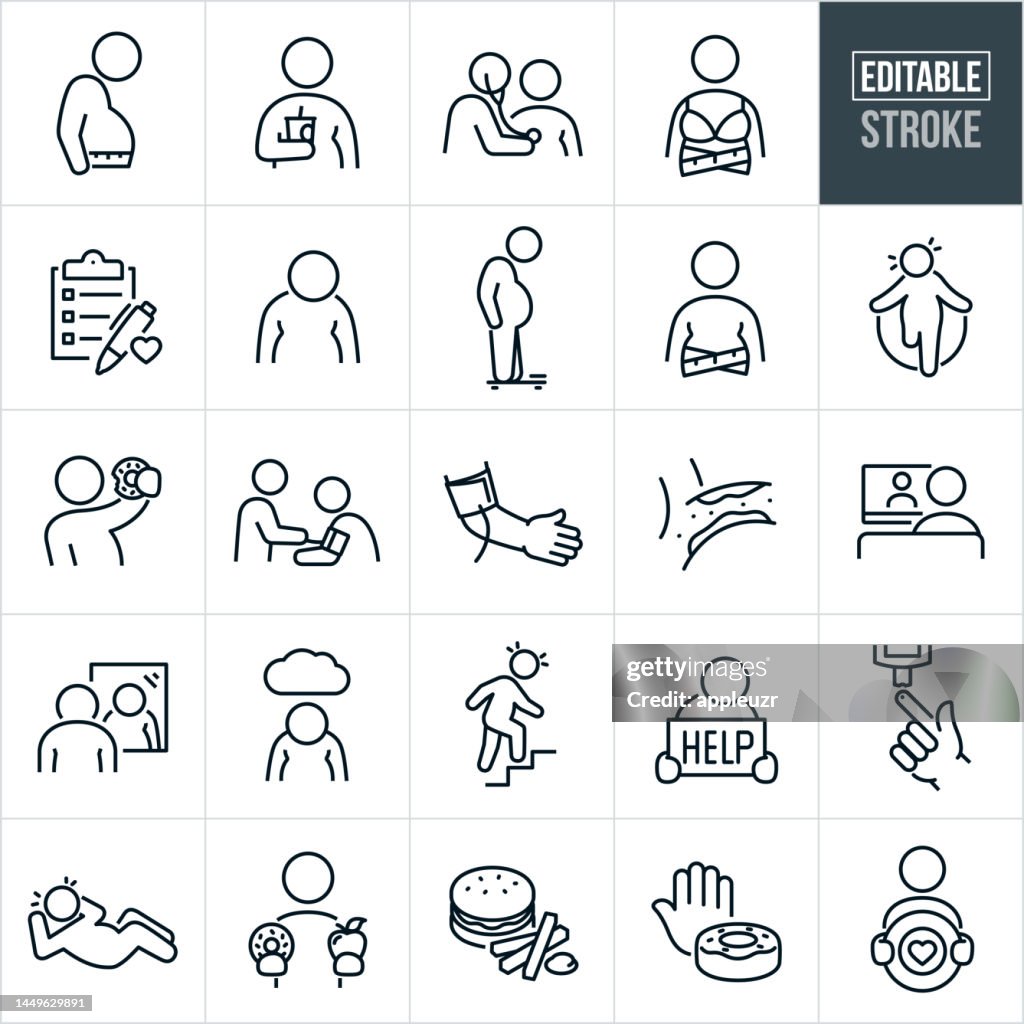 肥満細線アイコン - 編集可能なストローク - アイコンは、肥満、肥満の人、太りすぎの男性、脂肪、BMI、男性、女性、ウエストライン、計量、医師、健康診断、糖尿病、高血圧、運動、自己�