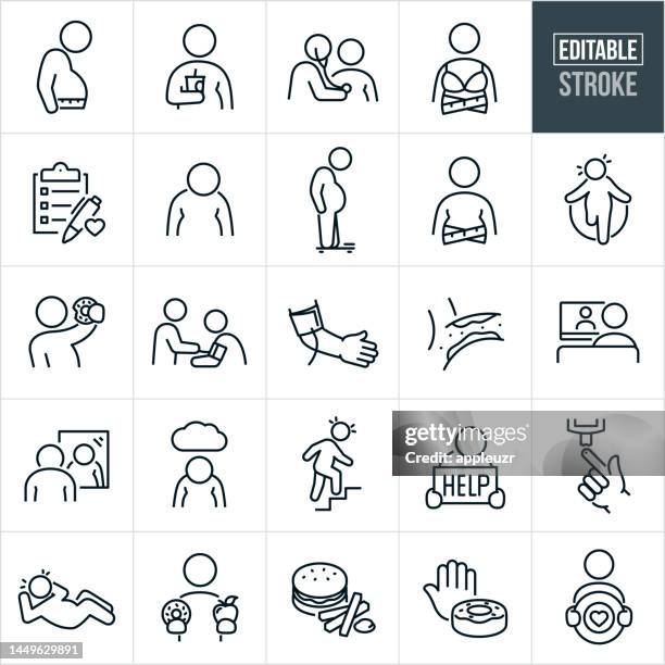 obesity thin line icons - editable stroke - icons include obesity, obese person, overweight man, fat, bmi, male, female, waistline, weighing, doctor, medical check-up, diabetes, hypertension, exercise, self-image, self-esteem, depression, epidemic, unheal - depression sadness stock illustrations