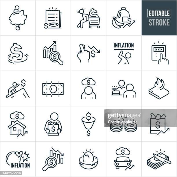 inflation thin line icons - editable stroke - icons include inflation, price, price increase, expensive, economy, purchasing, buying, shopping, shopper, goods, food, house, car, exorbitant, overpriced, high price, unaffordable, person, costly - price gouging stock illustrations