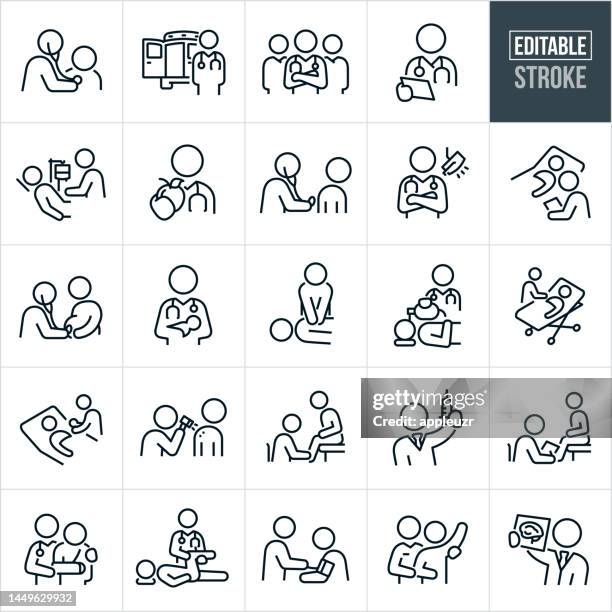 doctors and physicians thin line icons - editable stroke - icons include doctors, physicians, surgeons, medical professionals, health care, patient, person, illness, injury, hospital, doctors office, medical exam, stethoscope, emergency, care, diagnosis, - hospital with people stock illustrations