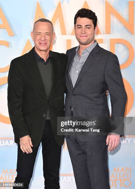 Tom Hanks and Truman Hanks attend the "A Man Called Otto" photocall at Corinthia Hotel on December 16, 2022 in London, England.