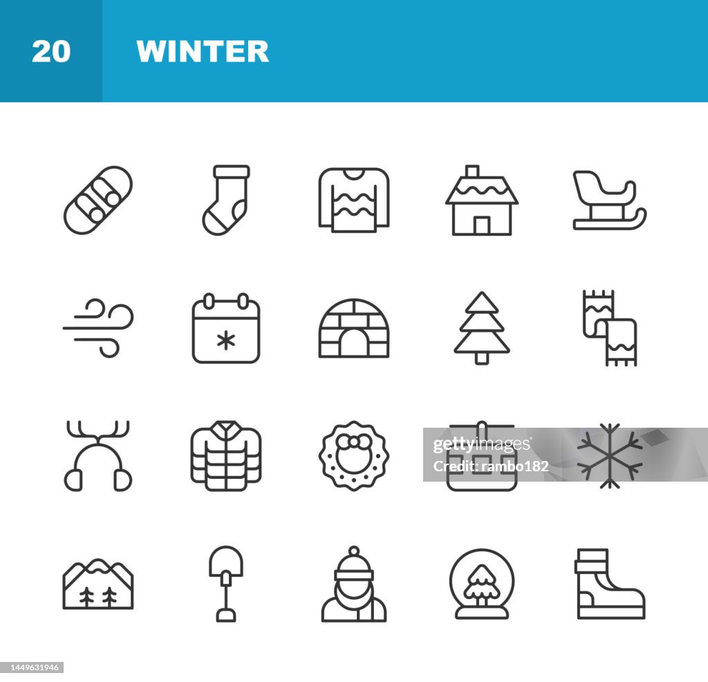 Winter Line Icons. Editable Stroke, Contains such icons as Clothing, Cold Temperature, Snowboard, December, Hut, Igloo, Jacket, Scarf, Season, Shoes, Skates, Skis, Sleigh, Snow, Snowflake, Socks, Sport, Sweater, Wind, Winter, Winter Hat, Winter Jacket.