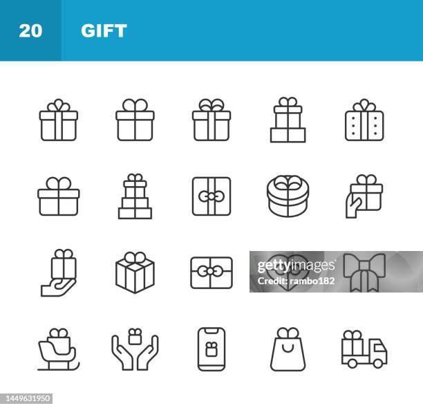 gift line icons. editable stroke. contains such icons as birthday, present, box, celebration, christmas, decoration, delivery, e-commerce, event, gift bag, gift box, gift tag, package, truck,, ribbon, sleigh, surprise, tied bow, wedding. - pohland store opening stock illustrations