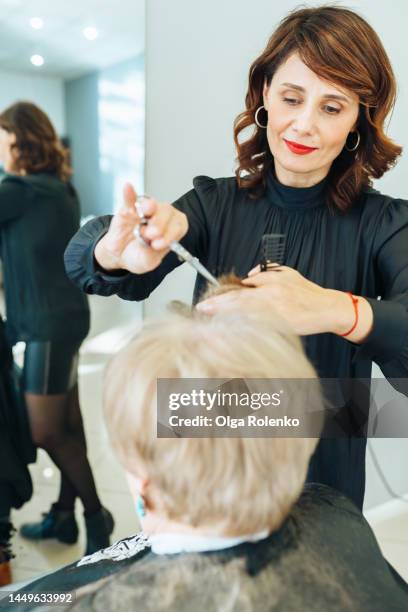 female entrepreneur and owner of hair salon practicing. stylish female hairdresser making haircut for female customer in spa salon - lunghezza di capelli foto e immagini stock