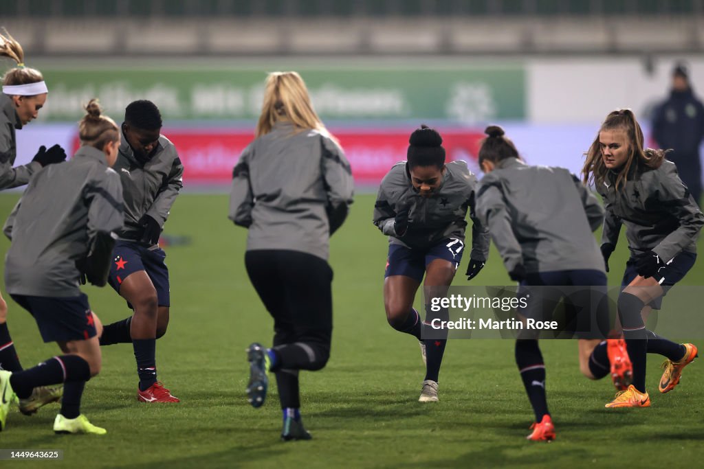 Slavia Praha players warm up ahead of the UEFA Women's Champions