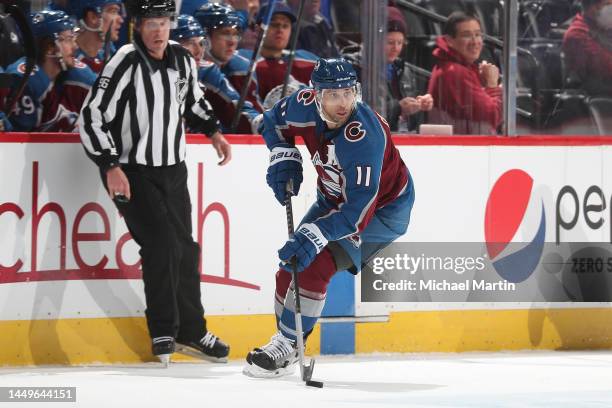 Andrew Cogliano of the Colorado Avalanche skates against the Buffalo Sabres at Ball Arena on December 15, 2022 in Denver, Colorado.