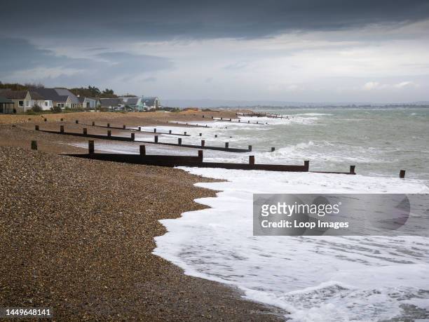 Groynes at East Selsey Beach on a stormy autumn day.