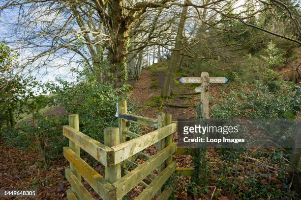Bridleway and footpath signpost with a kissing gate on the edge of the Exmoor National Park near Ellicombe.