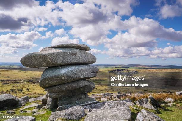 The Cheesewring which is a rock stack left by glacial action on the summit of Stowes Hill on Bodmin Moor in Cornwall.